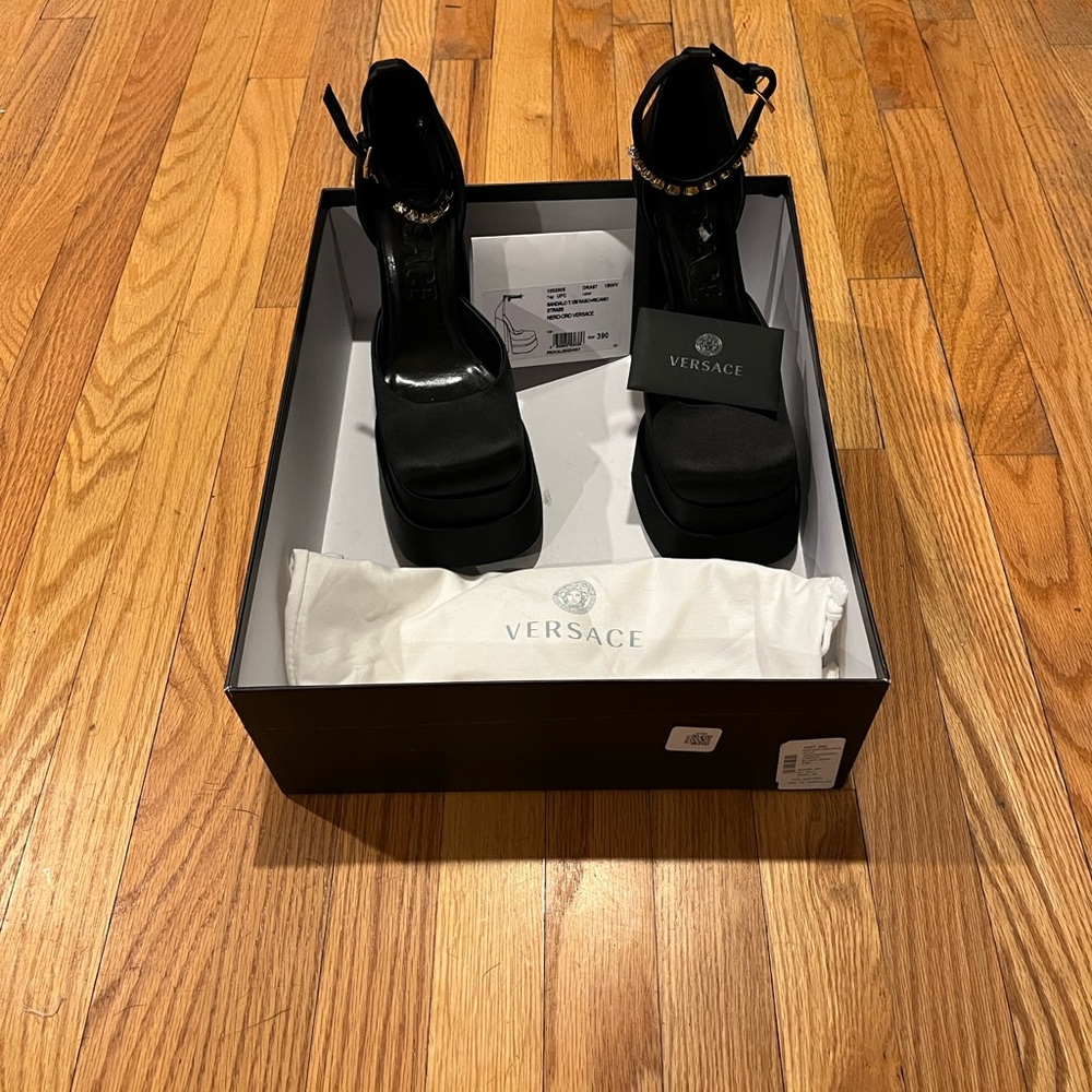 Versace Aevitas Black SatinPlatform Sandals